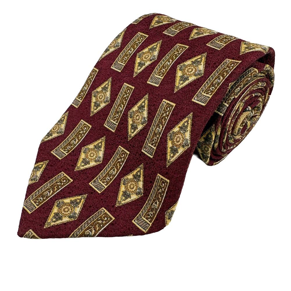 Valentino Cravatte Vintage Silk Tie Italy Red Gold Geometric Medallion Designer